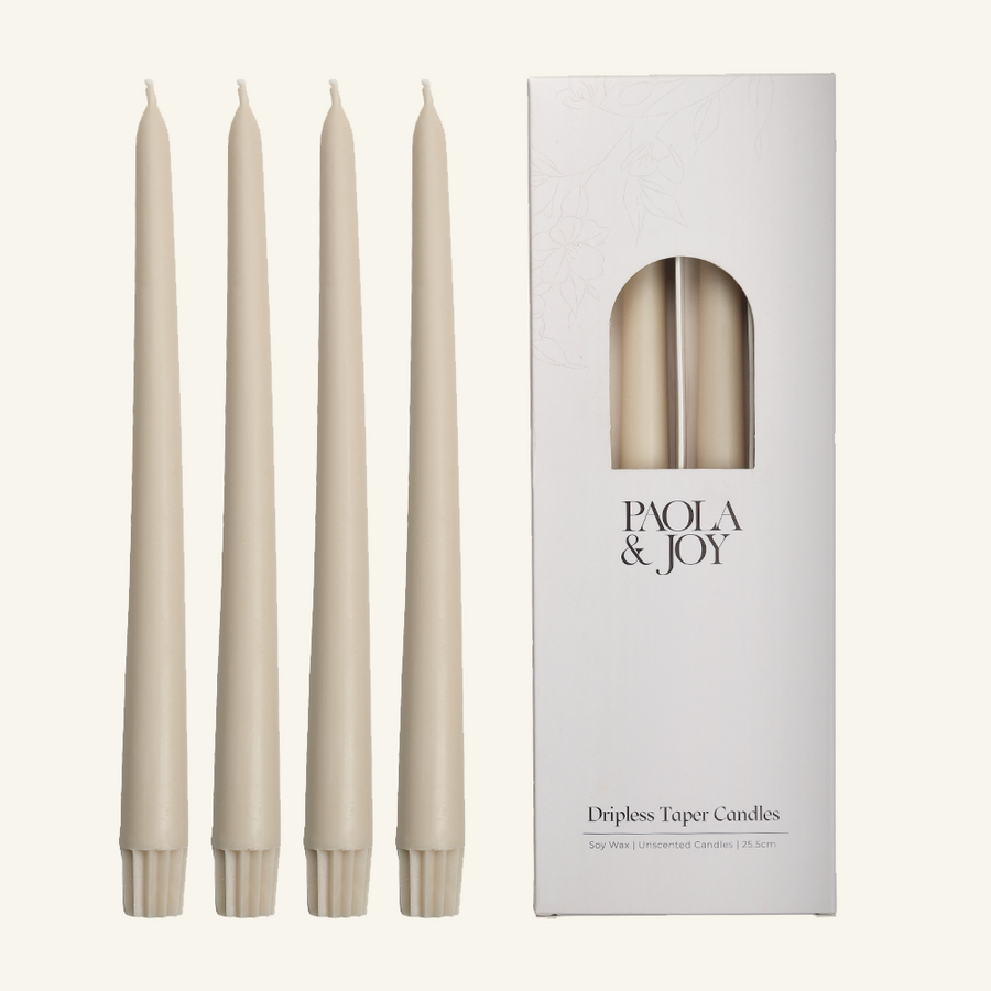 Dripless Taper Candles – soy blend dripless taper candles in soft oatmeal beige by Paola And Joy