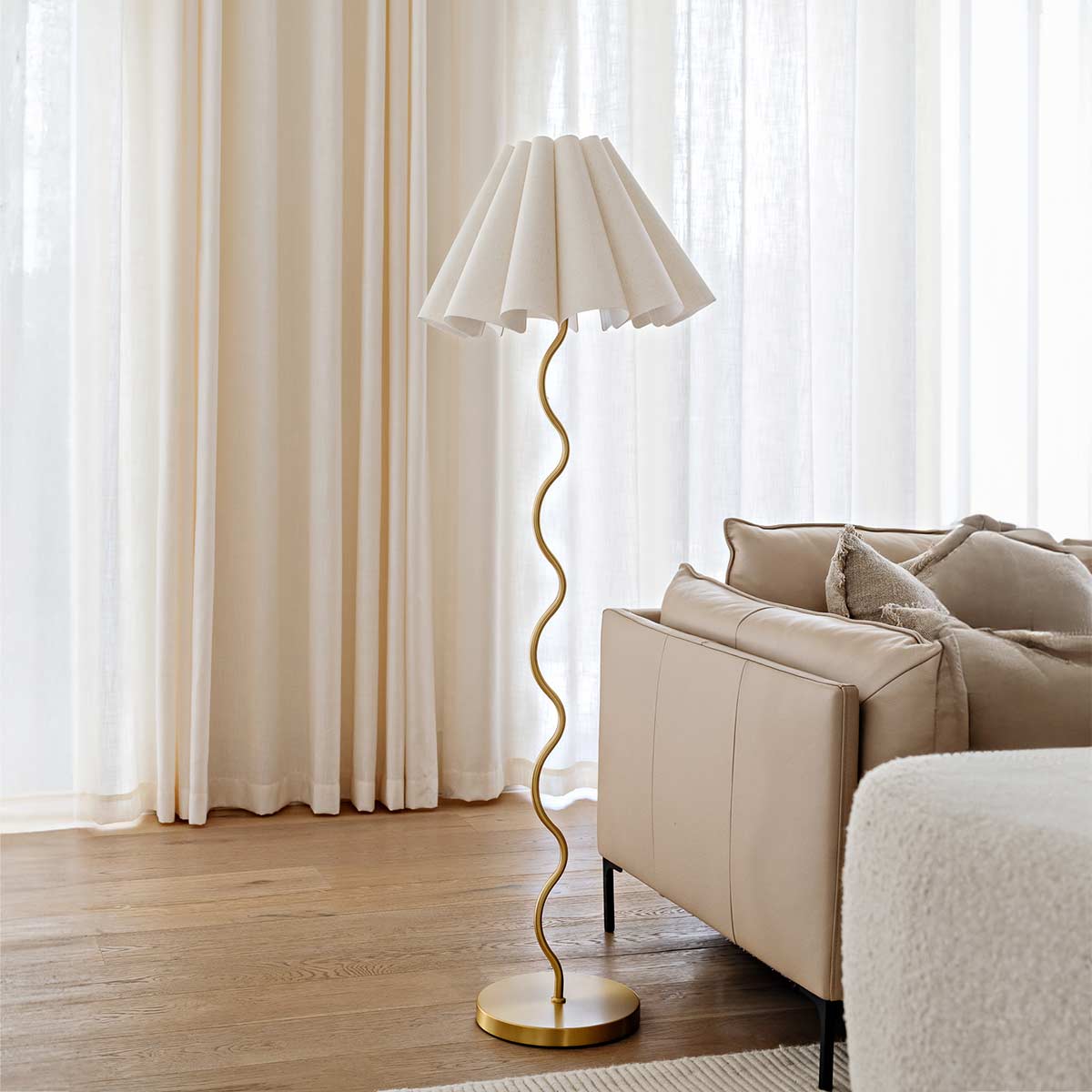 Cora Floor Lamp – cream linen fluted shade on a tall brass squiggly stem by Paola And Joy
