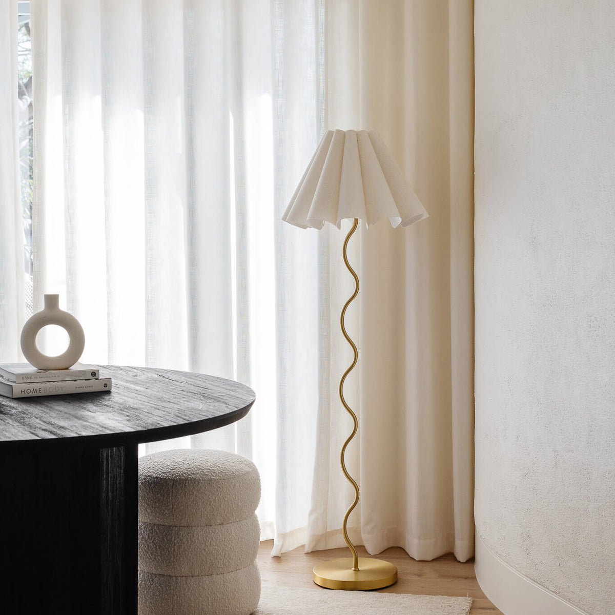 Cora Floor Lamp – alternative angle of the sculptural brass and linen floor lamp by Paola And Joy