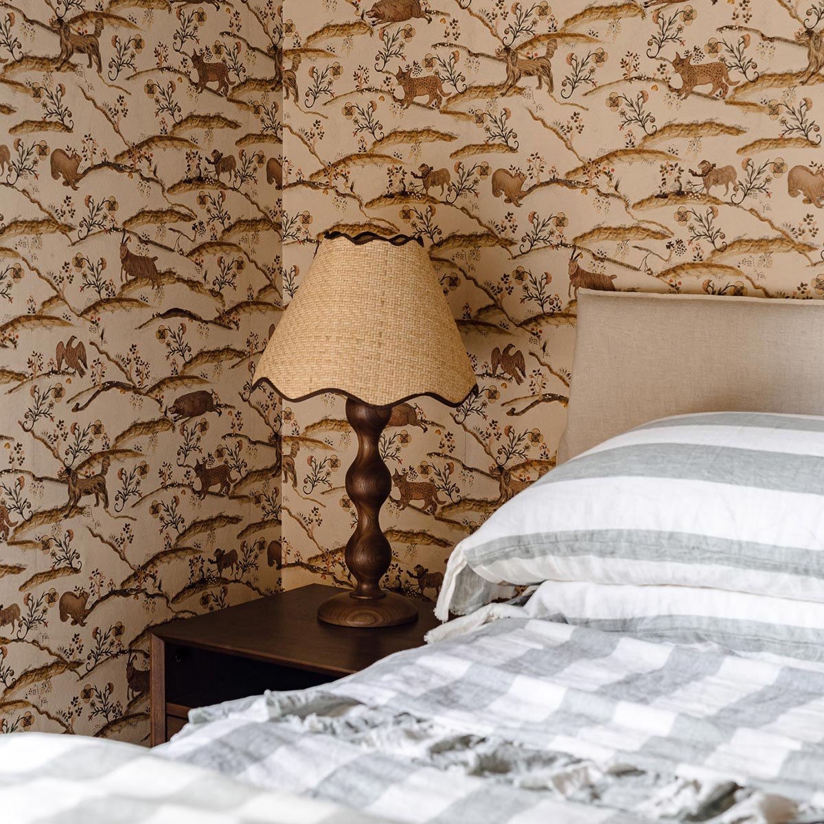 Evie Table Lamp Walnut – full view of the walnut and raffia table lamp by Paola And Joy