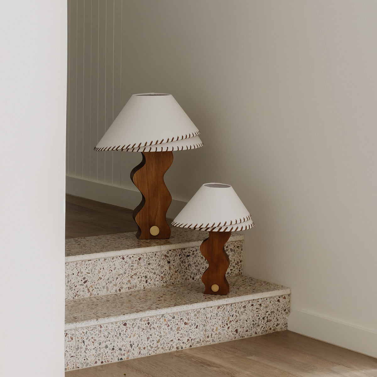 Zandro Table Lamp Large – three-quarter angle of the sculptural wooden base by Paola And Joy