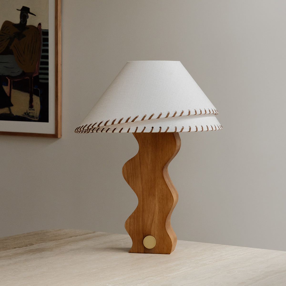 Zandro Table Lamp Large – full view of the wooden base and linen shade by Paola And Joy