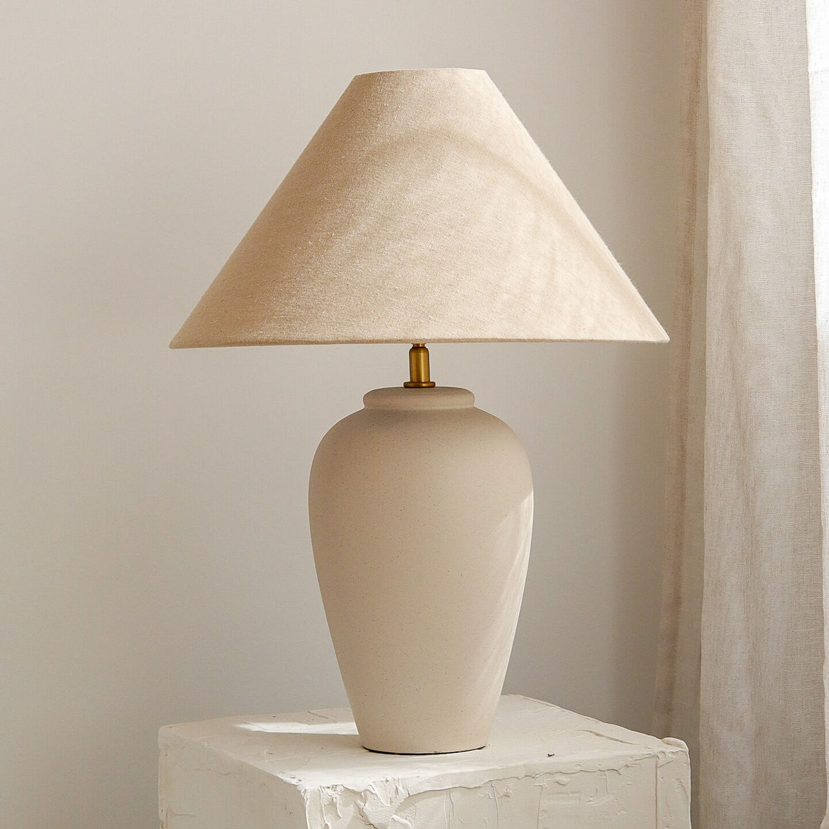 Bella Table Lamp – sculptural ceramic base with natural linen shade by Paola And Joy