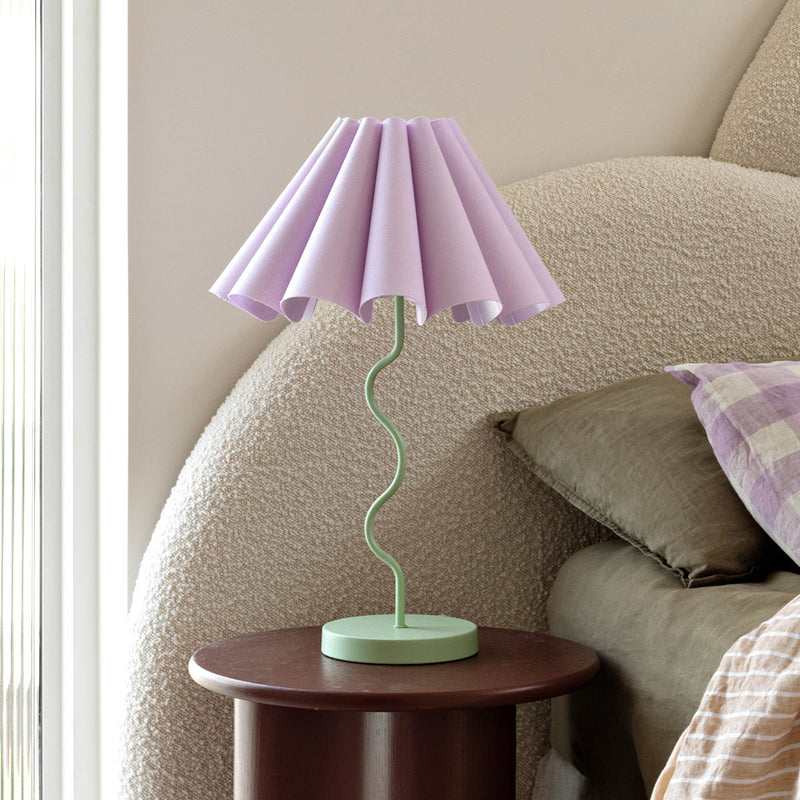 Cora Table Lamp – lilac linen fluted shade on a pastel green squiggly base by Paola And Joy