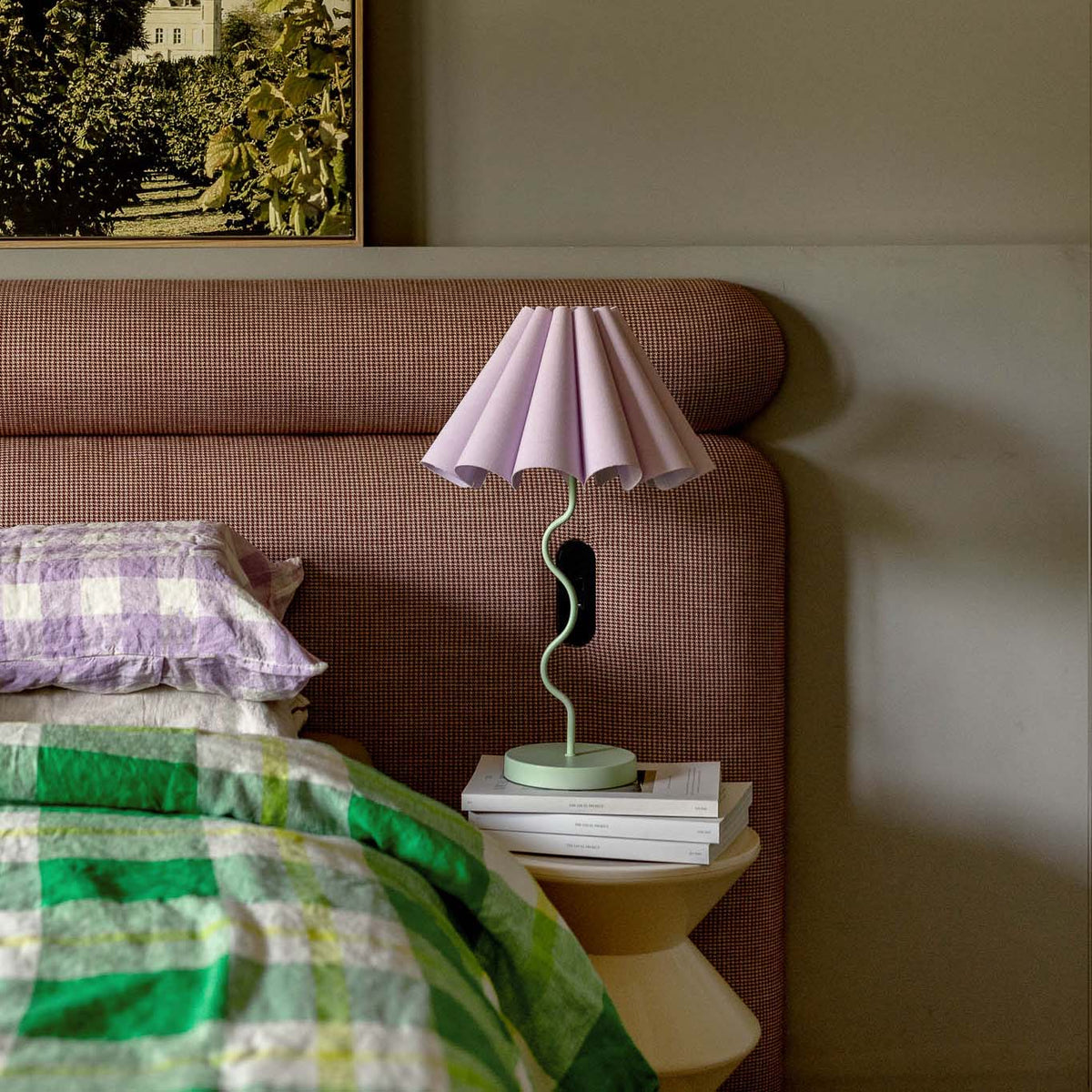 Cora Table Lamp Lilac / Pastel Green – detail of the lilac fluted linen shade by Paola And Joy