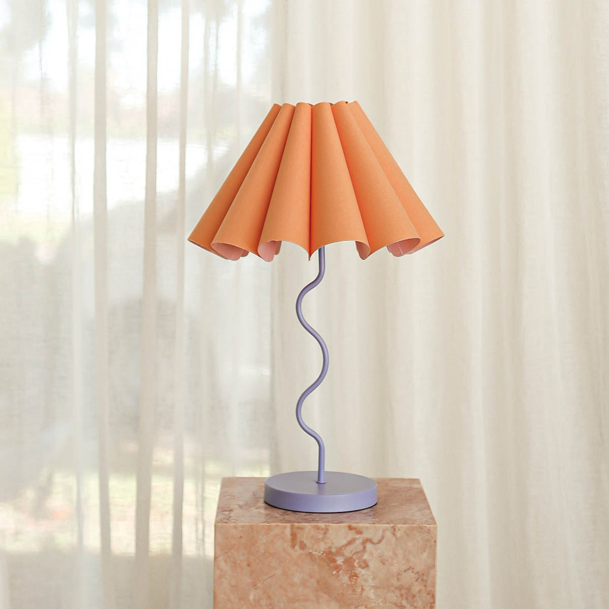 Cora Table Lamp – tropical peach linen fluted shade on a purple squiggly base by Paola And Joy