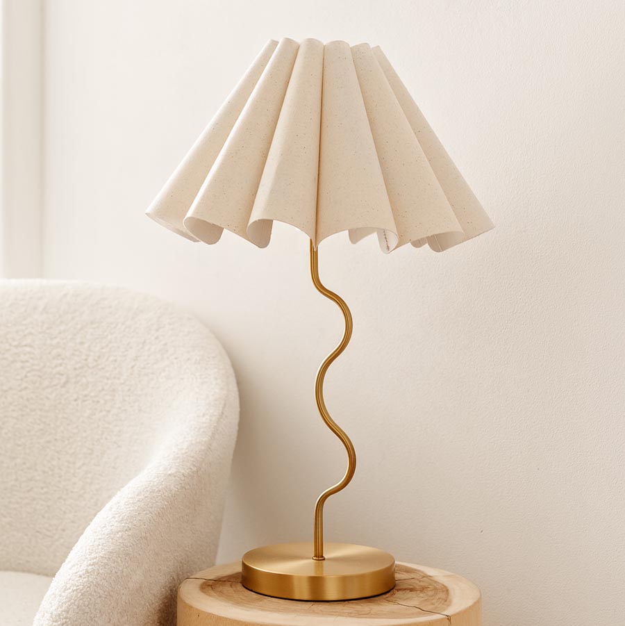 Cora Table Lamp – cream linen fluted shade on a brass squiggly base by Paola And Joy