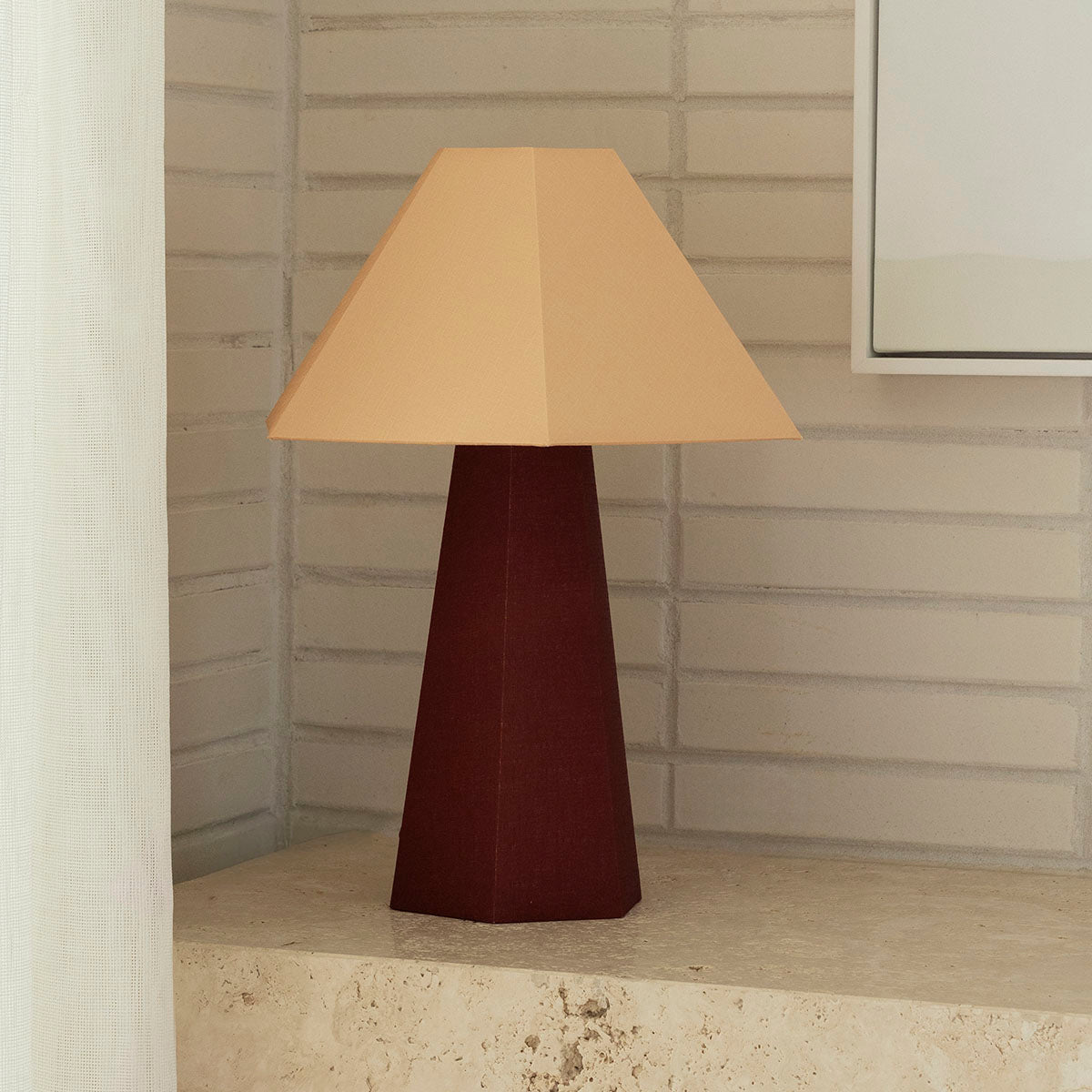 Blake Table Lamp Toffee – alternative view of the hexagonal linen shade in toffee brown by Paola And Joy
