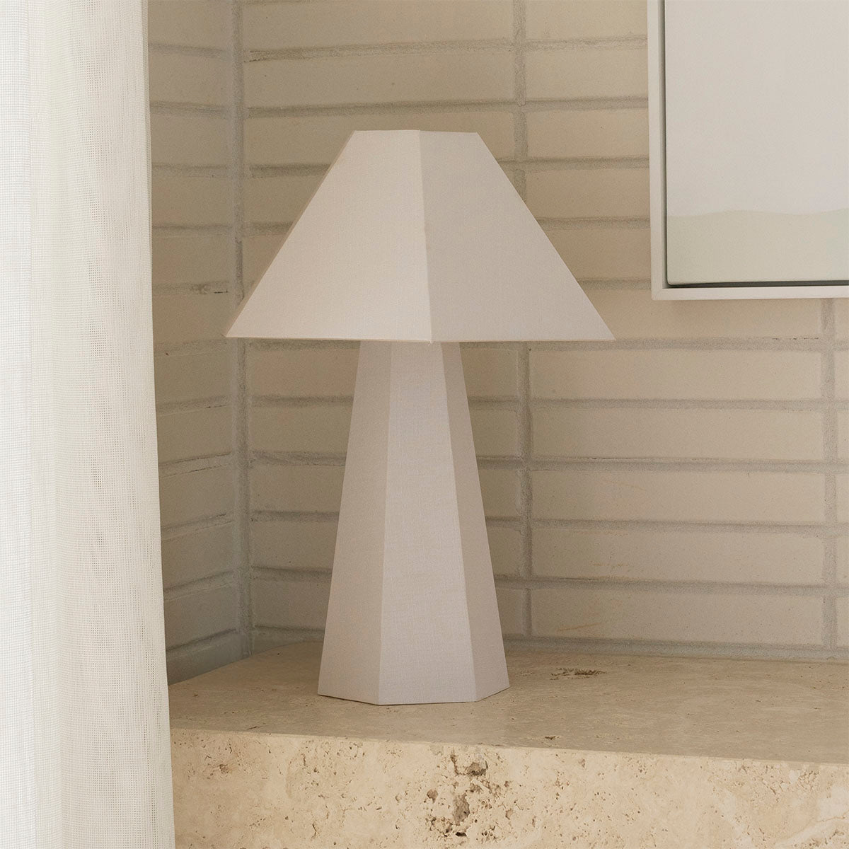 Blake Table Lamp – hexagonal textured linen shade and base in soft pearl cream by Paola And Joy